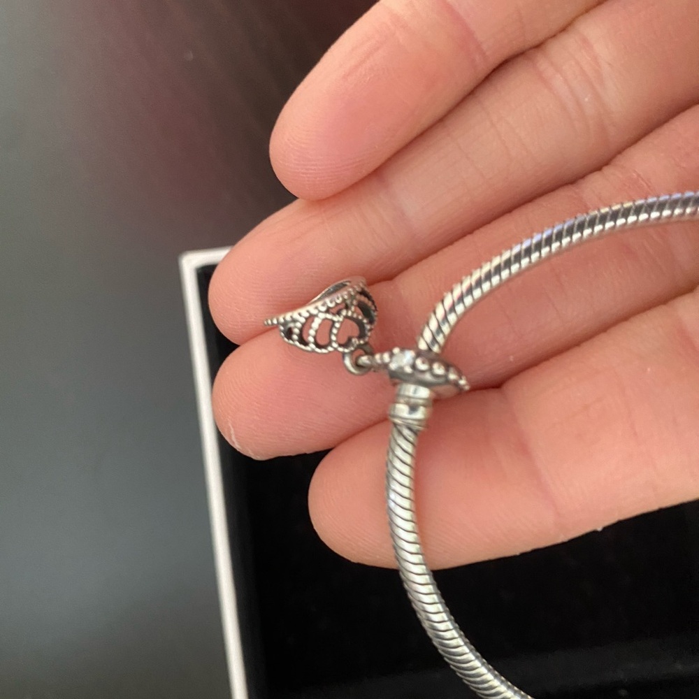 Pandora Authentic bracelet w Heart crown & Ring Charm Disney Parks Silver 7.5”